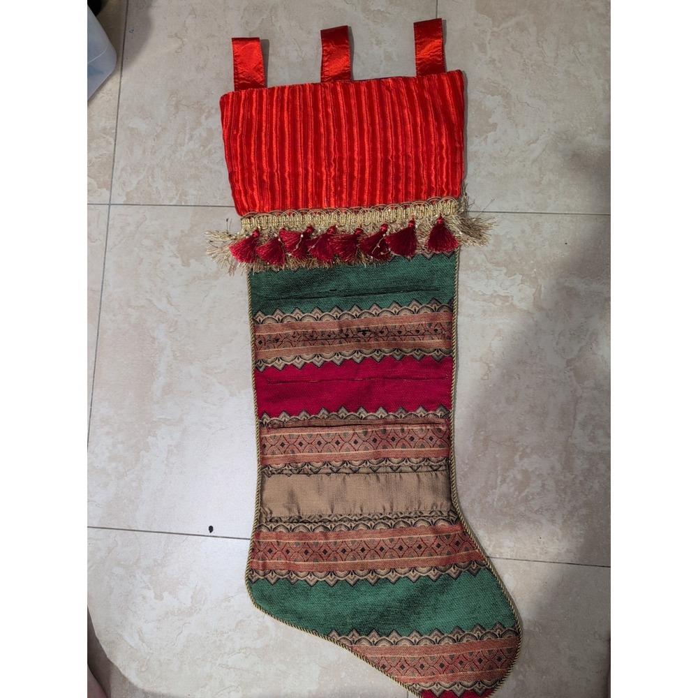 Christmas Stocking Giant Jumbo 33" Card Holder Velvet Brocade 6 Pockets Tassels